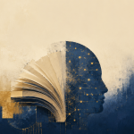 Ilustración conceptual de un cerebro humano mitad libro abierto, mitad red neuronal, representando el equilibrio entre memoria y tecnología en la educación