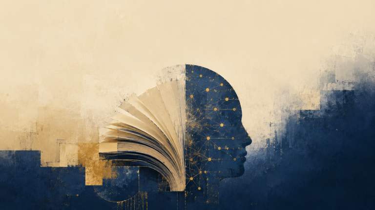 Ilustración conceptual de un cerebro humano mitad libro abierto, mitad red neuronal, representando el equilibrio entre memoria y tecnología en la educación