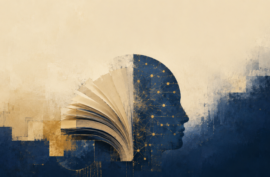 Ilustración conceptual de un cerebro humano mitad libro abierto, mitad red neuronal, representando el equilibrio entre memoria y tecnología en la educación