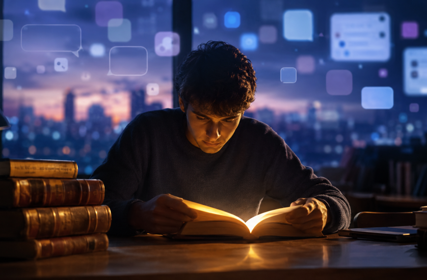 Joven universitario concentrado en la lectura de un libro iluminado, rodeado de elementos digitales difusos que simbolizan las redes sociales y las distracciones tecnológicas.