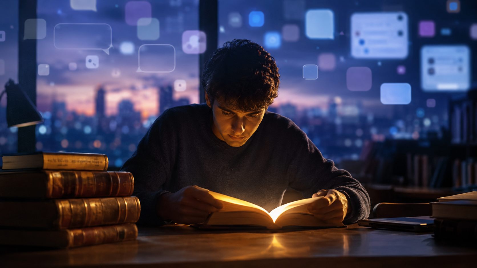Joven universitario concentrado en la lectura de un libro iluminado, rodeado de elementos digitales difusos que simbolizan las redes sociales y las distracciones tecnológicas.